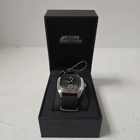 BOXED VICKER ARMSTRONG GYRO STEEL BLACK WATCH WITH GREEN DIAL