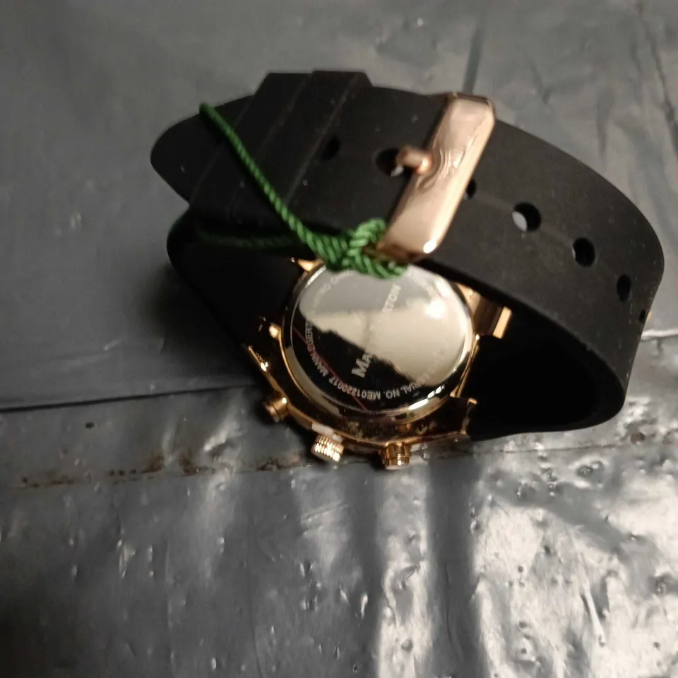 MANN EGERTON CHRONOGRAPH WRISTWATCH – ROSE GOLD-TONE CASE, BLACK STRAP (BOXED)