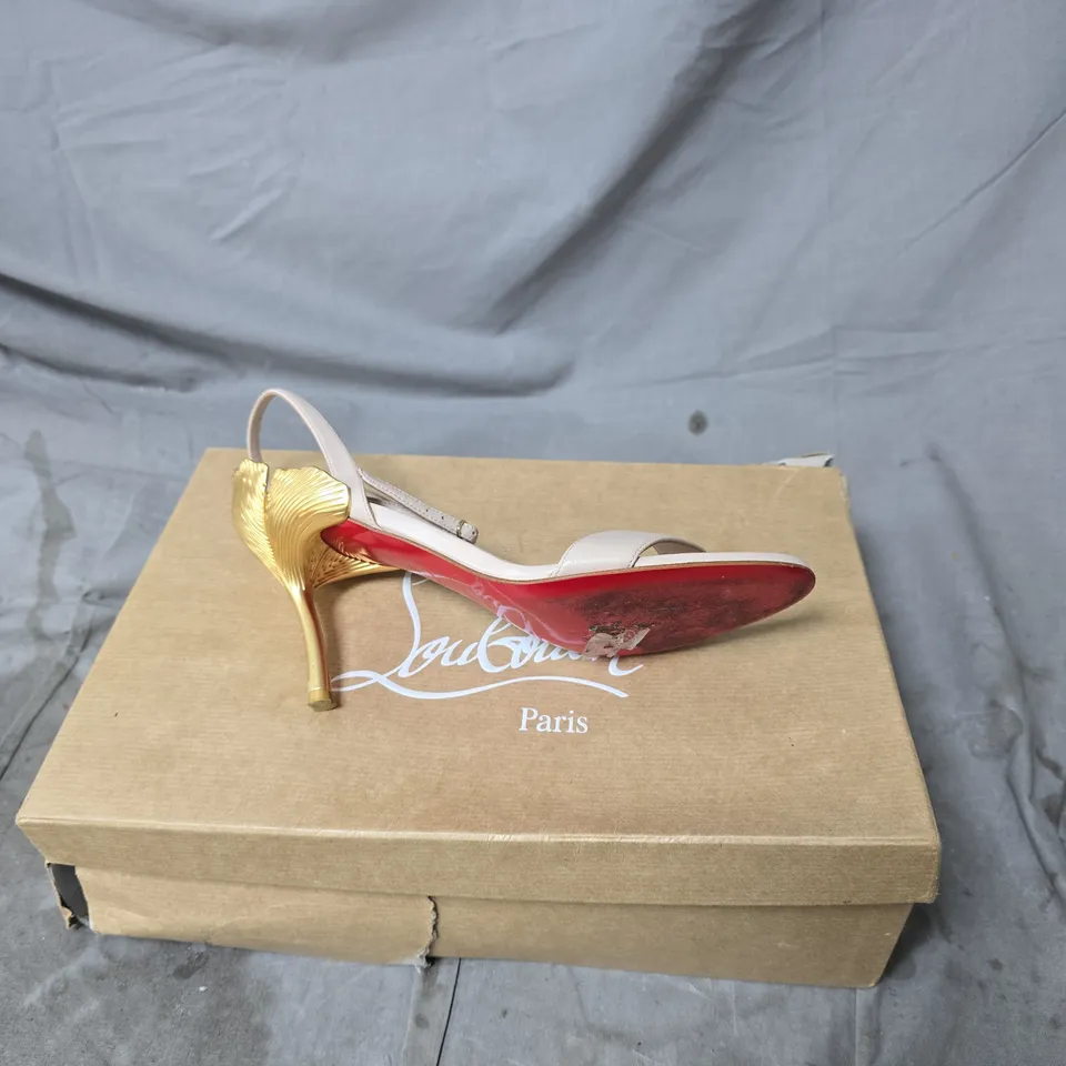 CHRISTIAN LOUBOUTIN NUDE SANDALS WITH GOLD HEEL – OPEN TOE, ANKLE STRAP, RED SOLE SIZE 37