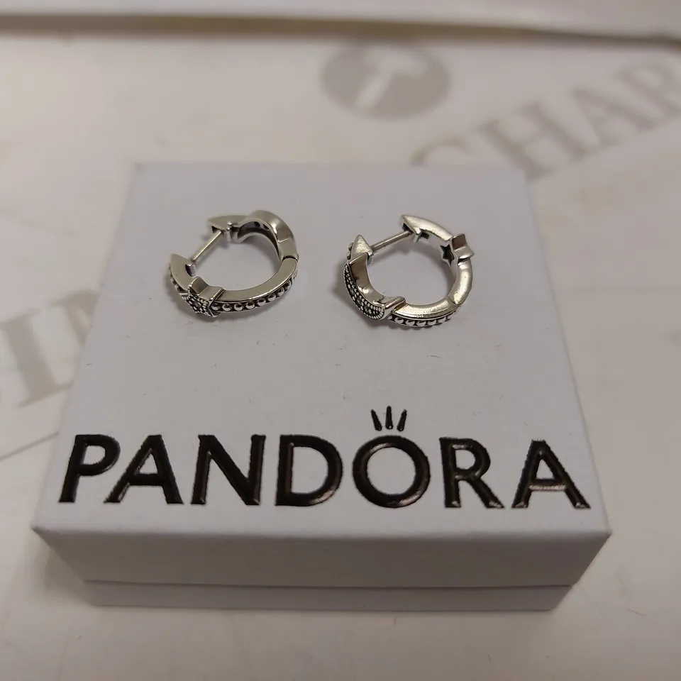 BOXED PANDORA PAIR OF `STAR AND MOON` LOOP EARRINGS