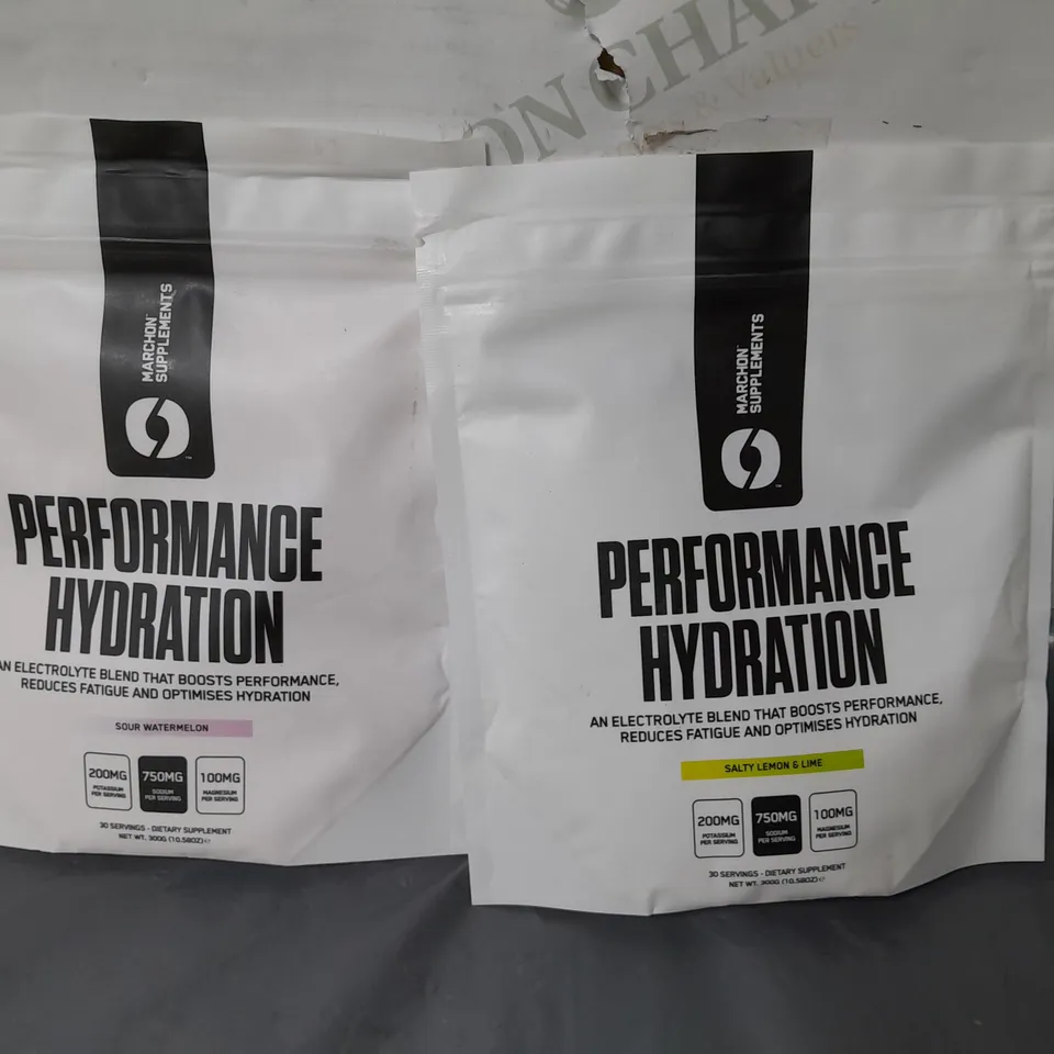 LOT OF 2 300G MARCHON SUPPLEMENTS PERFORMANCE HYDRATION PACKS - LEMON AND LIME AND WATERMELON