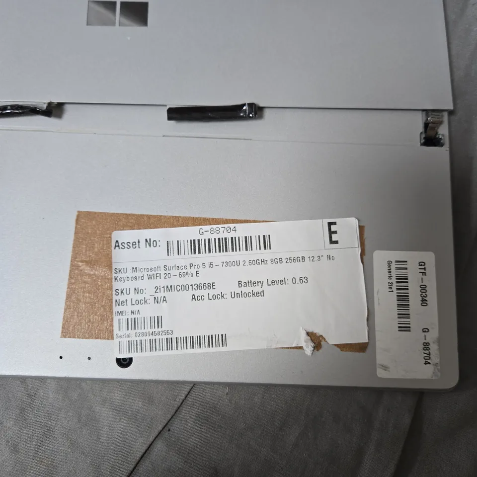 MICROSOFT SURFACE PRO 5 TABLET WITH KEYBOARD DOCK – 12.3" DISPLAY, I5-7300U, 8GB RAM, 256GB SSD - DAMAGE TO BACK