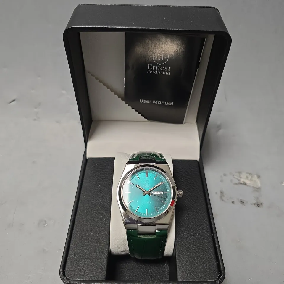 ERNEST FERDINAND WATCH – DAY DATE CALENDAR DIAL – LEATHER STRAP – 3ATM WATER RESISTANT - GIFT BOX
