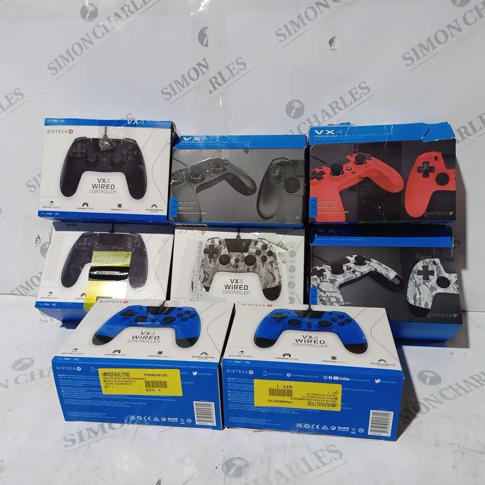 BOX OF 8 ASSORTED GIOTECK VX4 WIRED CONTROLLERS IN VARIOUS COLOURS