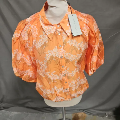 MINT VELVET FLORAL PRINT PUFF SLEEVE SHIRT IN ORANGE SIZE L