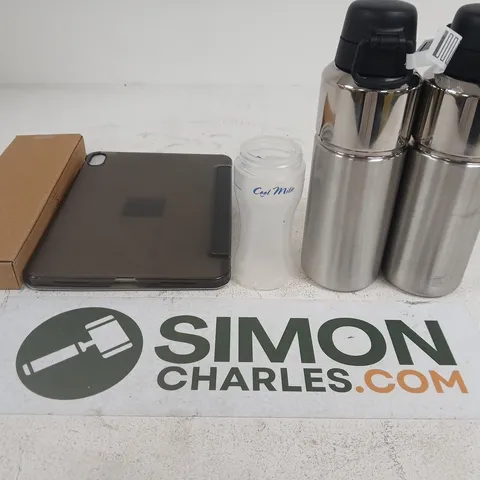 APPROXIMATELY 15 ASSORTED HOUSEHOLD PRODUCTS TO INCLUDE TABLET WITH PROTECTIVE CASE + 2 STAINLESS STEEL FLASKS + SMALL BOTTLE
