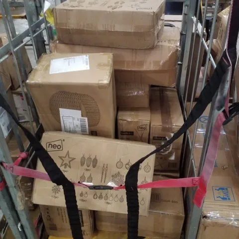 CAGE CONTAINING ASSORTED NEO CHRISTMAS BAUBLES, TREE SKIRT, TREE STAND & EGG BOILERS