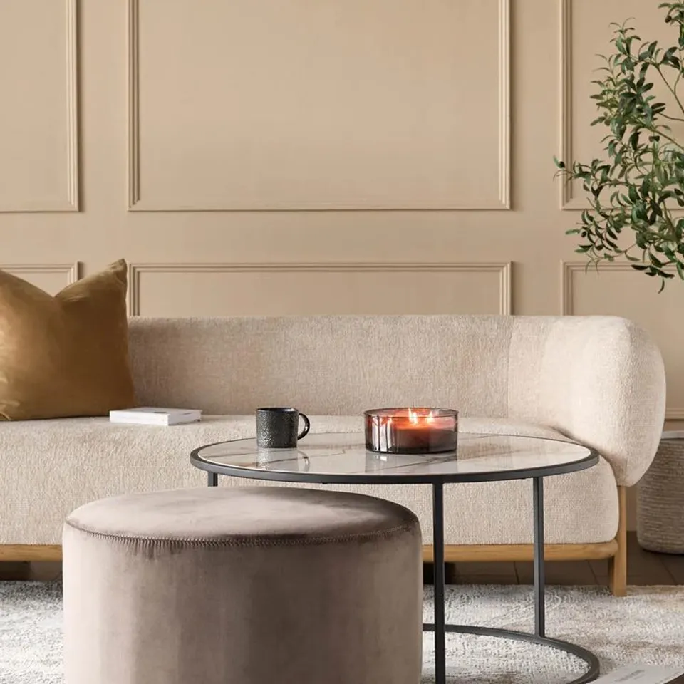 BOXED DANETTI THEA NATURAL CERAMIC COFFEE TABLE AND MOCHA VELVET POUFFE SET