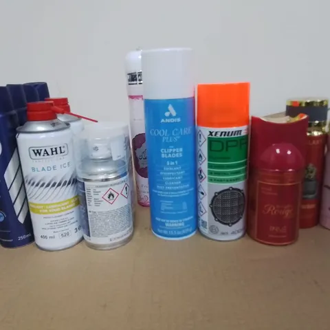 LOT OF ASSORTED HOME AEROSOLS TO INCLUDE XENUM DPF CLEANER, ANDIS COOL CARE FOR CLIPPER BLADES AND NIVEN DEODORANT