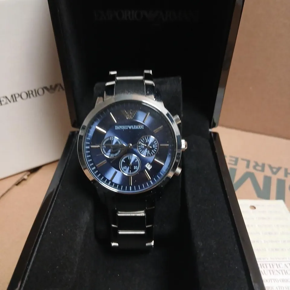 EMPORIO ARMANI CHRONOGRAPH WRISTWATCH – BLUE DIAL, STAINLESS STEEL BRACELET (BOXED)