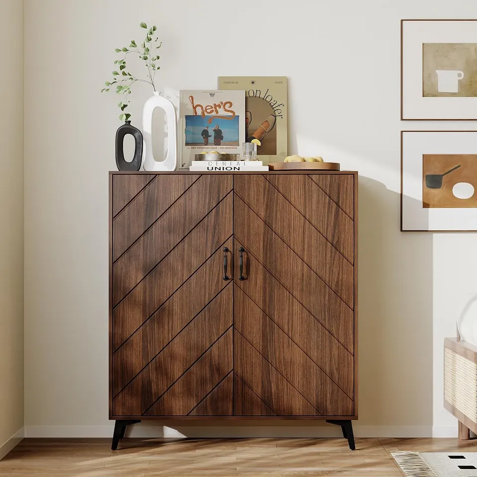 BOXED WALNUT SIDEBOARD, BUFFET CABINET WITH CHEVRON DOORS, WOODEN STORAGE CABINET WITH ADJUSTABLE SHELVES FOR LIVING ROOM DINING ROOM, 38D×100W×115H CM