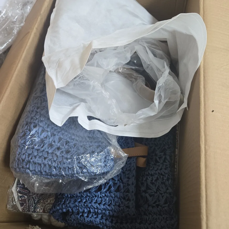 BOX OF APPROXIMATELY 9 ASSORTED ITEMS INCLUDING WOVEN BLUE BAG AND LA MAREY TOP 