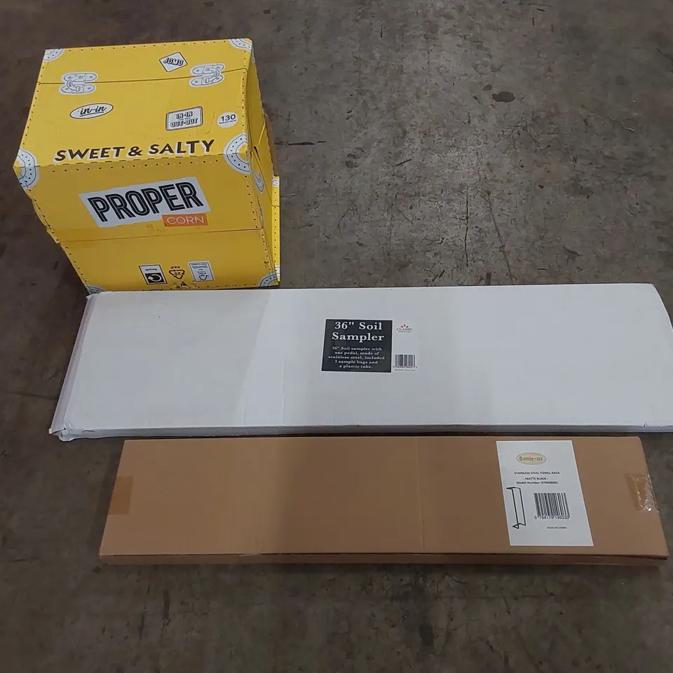 PALLET OF ASSORTED HOUSEHOLD ITEMS AND CONSUMER PRODUCTS. INCLUDING; TOWEL RACKS, SOIL SAMPLERS, POPCORN, BOXED FURNITURE ETC 