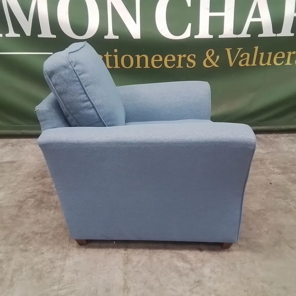 QUALITY DESIGNER EX SHOWROOM FABRIC UPHOLSTERED ARMCHAIR - SKY BLUE