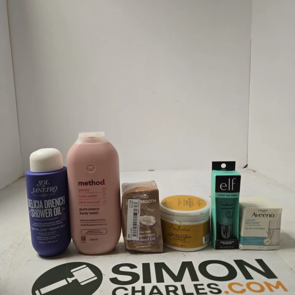 TOTE OF APPROXIMATELY 10 ASSORTED BEAUTY PRODUCTS INCLUDING SOL DE JANEIRO SHOWER OIL, METHOD BODY WASH AND ROZINO HAIR REMOVAL CREAM