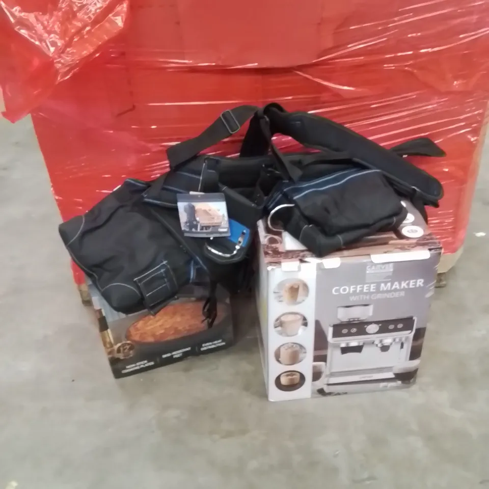 PALLET OF ASSORTED HOUSEHOLD GOODS AND PRODUCTS TO INCLUDE;COFFEE MAKER,PIZZA MAKER,CARPENTER COMBO APRON