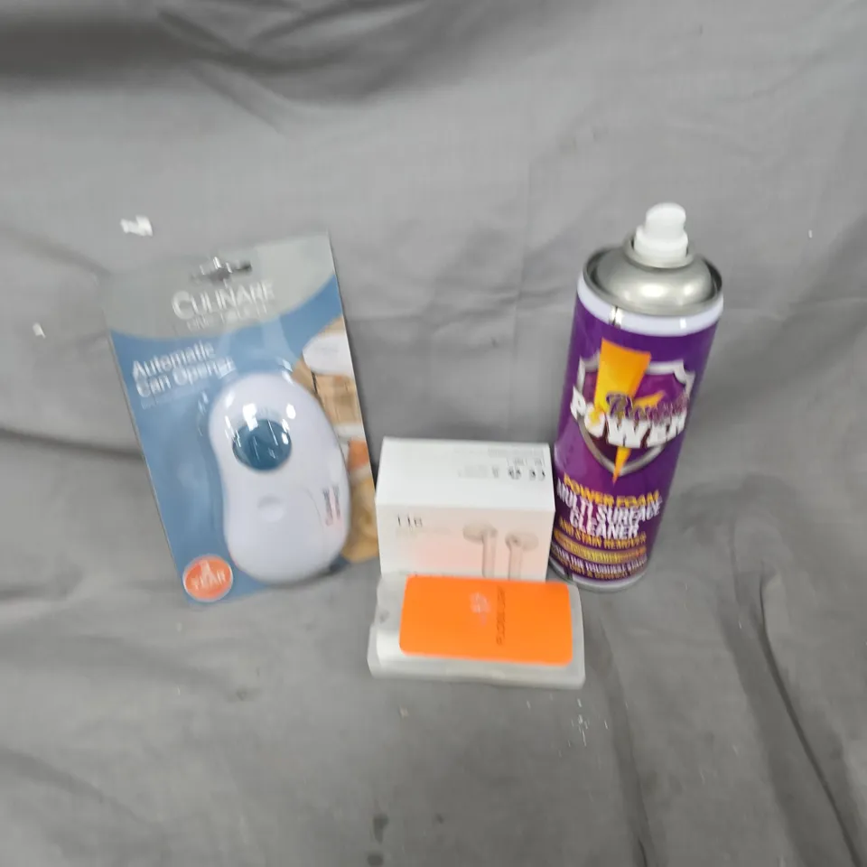 APPROXIMATELY 15 ASSORTED ITEMS TO INCLUDE PURPLE POWER CLEANER, T16 EARBUDS, AUTOMATIC CAN OPENER, ETC - COLLECTION ONLY