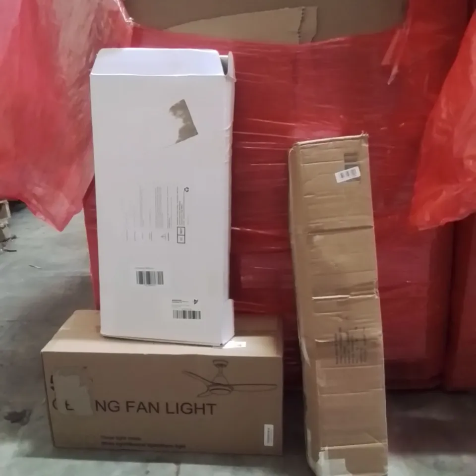 PALLET OF ASSORTED HOUSEHOLD GOODS AND PRODUCTS TO INCLUDE;CEILING FAN LIGHT,CHRISTMAS TREE,SHOWER MIXER SYSTEM 