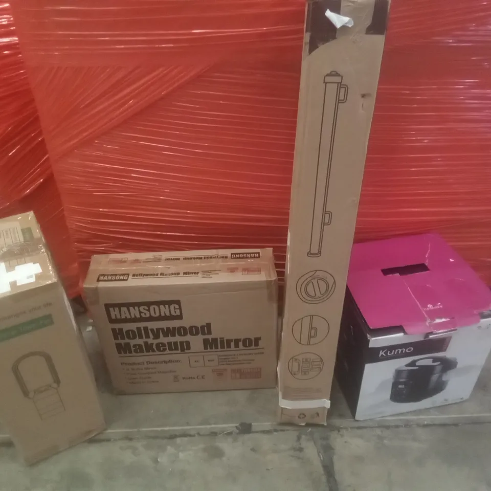PALLET OF ASSORTED ITEMS INCLUDING AIR MULTIPLIER TOWER FAN, HOLLYWOOD MAKEUP MIRROR, RICE COOKER