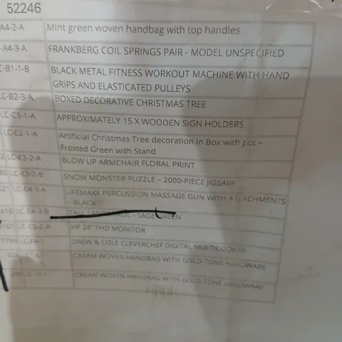 APPROXIMATELY 12 ASSORTED PRODUCTS TO INCLUDE; MINT GREEN WOVEN HANDBAG, SNOW MONSTER PUZZLE, LIFEMAXX PERCUSSION MASSAGE GUN, DREW AND COLE CLEVER CHEF MULTI COOKER AND CREAM WOVEN HANDBAG