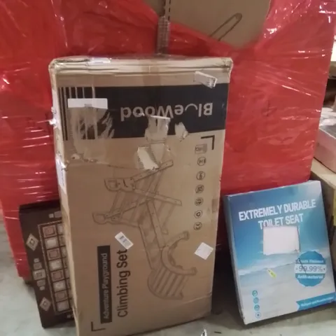 PALLET OF ASSORTED HOUSEHOLD GOODS AND PRODUCTS TO INCLUDE;TOILET SEAT,CLIMBING SET,CHRISTMAS BOX