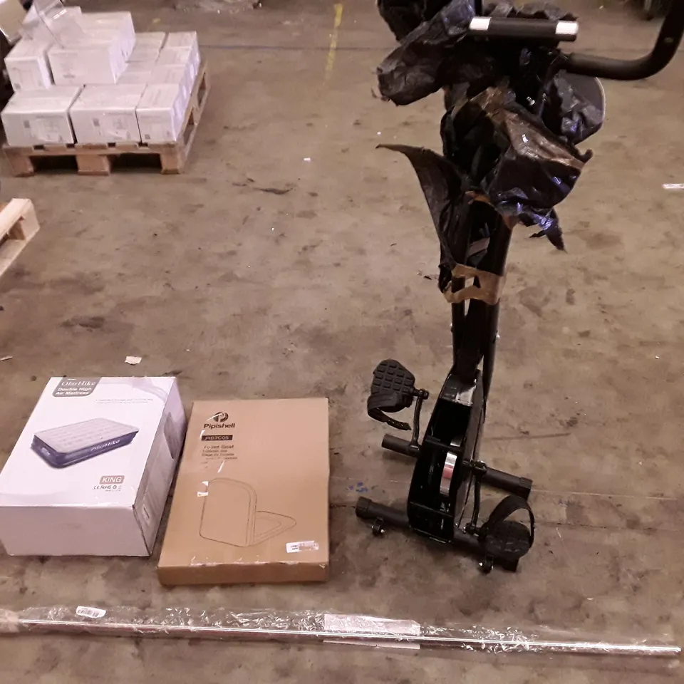 PALLET OF ASSORTED PRODUCTS INCLUDING OLARHIKE DOUBLE HIGH AIR MATTRESS, TOILET SEAT, TENSION ROD, WALL MOUNTED MIRROR, FOLDING EXERCISE BIKE