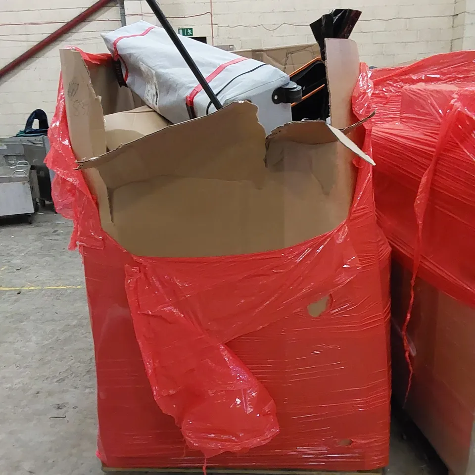 PALLET TO CONTAIN ASSORTED HOUSEHOLD ITEMS AND CONSUMER PRODUCTS. INCLUDING POP-UP GAZEBO, CAMPING BED, TOWEL RACK, LIGHTS ETC