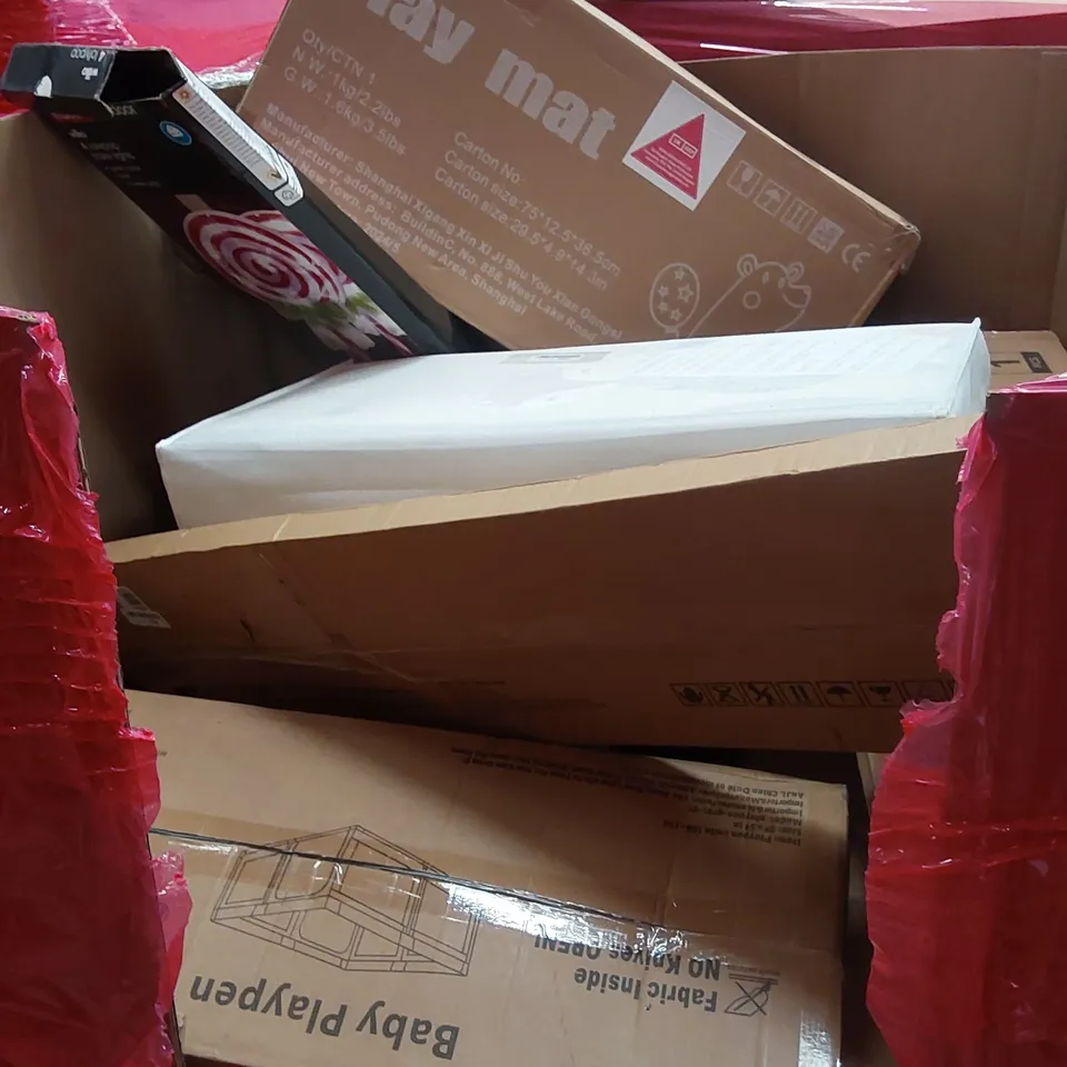 PALLET OF ASSORTED HOUSEHOLD GOODS AND PRODUCTS TO INCLUDE; BABY PLAY PENS, PLAY MATS, AIR TOWER FAN, BOXED FURNITURE ETC 