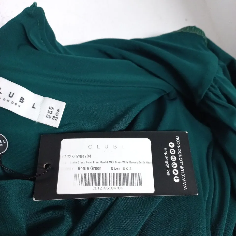 CLUB L LONDON BOTTLE GREEN TWIST FRONT BARDOT MIDI DRESS – UK 4