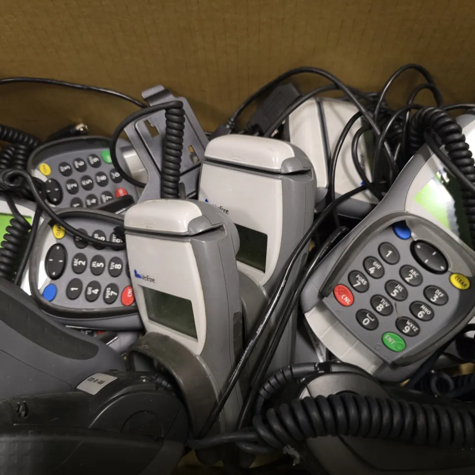 BOX OF APPROXIMATELY 9 VERIFONE SECURE PIN PAD CARD MACHINES 