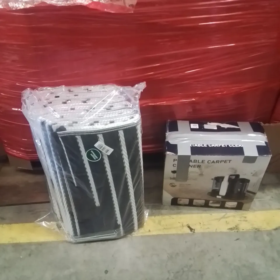 PALLET OF ASSORTED HOUSEHOLD GOODS AND PRODUCTS TO INCLUDE;CARPET CLEANER,MAT