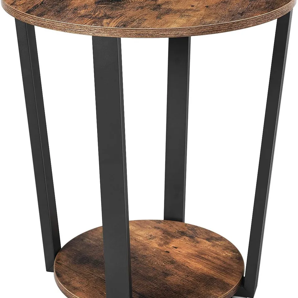 BOXED VASAGLE SIDE TABLE ROUND TABLE WITH STEEL FRAME FOR LIVING ROOM BEDROOM EASY ASSEMBLY INDUSTRIAL RUSTIC BROWN AND BLACK