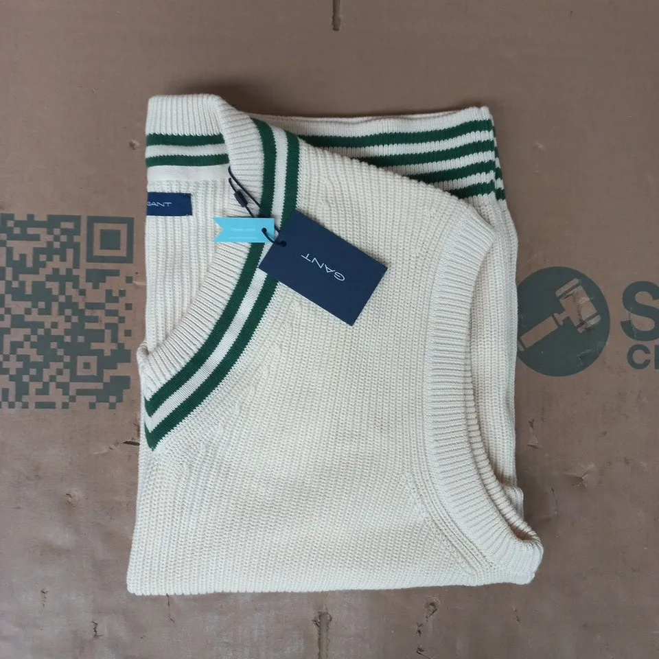 GANT SLEEVELESS RIBBED CRICKET VEST IN CREAM/GREEN SIZE XL