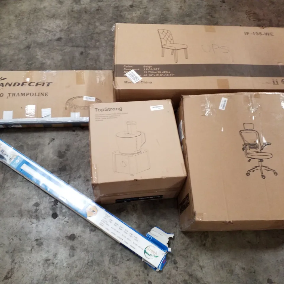 PALLET OF ASSORTED PRODUCTS INCLUDING OFFICE CHAIR, PRO TRAMPOLINE, MULTIFUNCTIONAL FOOD PROCESSOR, LED PURIFICATION FIXTURE