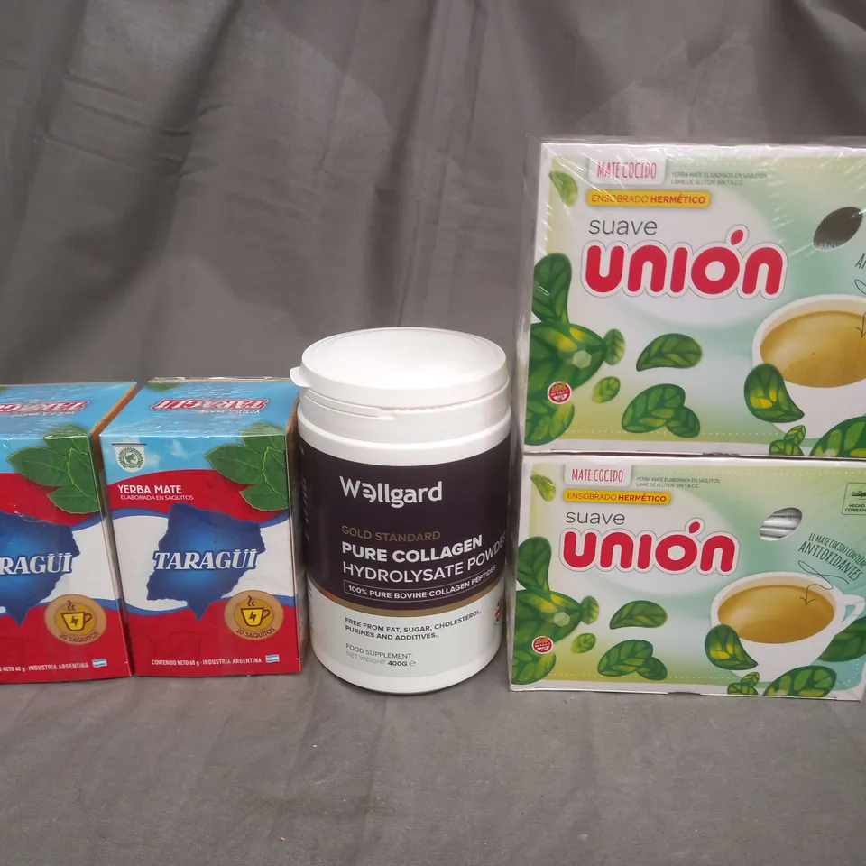 APPROXIMATELY 7 ASSORTED FOOD AND DRINK ITEMS TO INCLUDE WELLGARD, SUAVE UNION, TARAGUI - COLLECTION ONLY