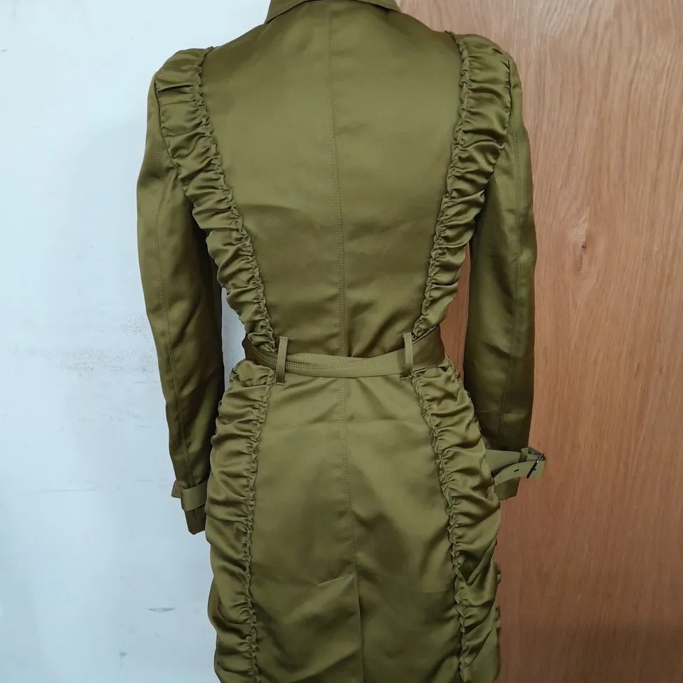 BURBERRY LONDON SATIN FINISH RUCHED COAT IN OLIVE GREEN SIZE 6