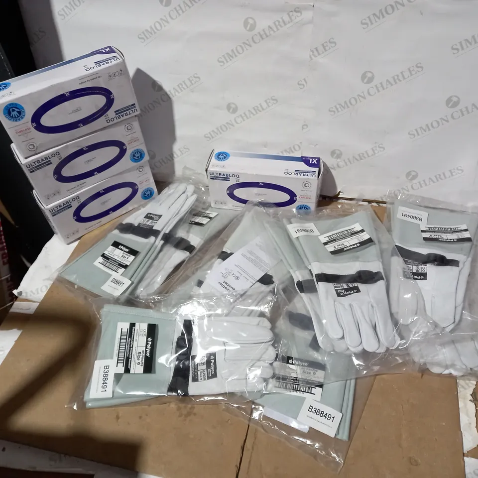 LOT OF APPROXIMATELY 14 ASSORTED HEALTH AND SAFETY ITEMS TO INCLUDE POLYCO ELECTRICIANS LEATHER PROTECTOR GAUNTLETS SIZE 9 AND ULTRA BLOQ DISPOSABLE GLOVES - XL