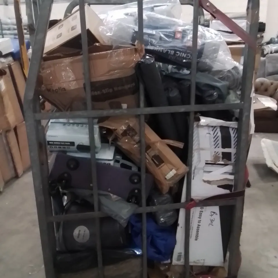 CAGE OF ASSORTED HOUSEHOLD GOODS AND PRODUCTS TO INCLUDE;SHOERACK,YOGA MAT,PICNIC BLANKETS,PLAYMAT 