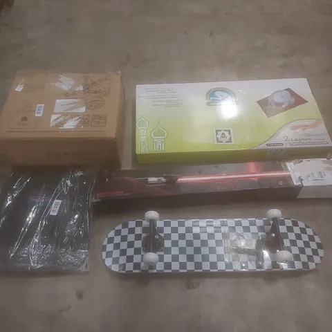 PALLET OF ASSORTED HOUSEHOLD ITEMS AND CONSUMER PRODUCTS TO INCLUDE; TOYS, SKATEBOARD, PRAYER MAT, BACKPACK ETC