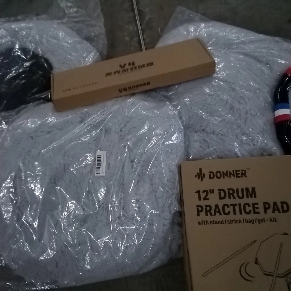 PALLET OF ASSORTED ITEMS TO INCLUDE BOXED 12" DRUM PADS, PET BEDS AND V4 GAMING KEYBOARDS