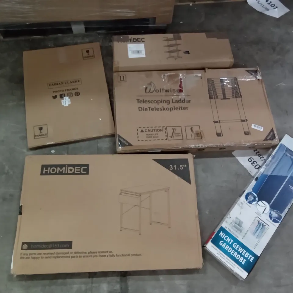 PALLET OF ASSORTED ITEMS INCLUDING HOMIDEC WRITING COMPUTER DESK, WOLFWISE TELESCOPING LADDER, HOMIDEC DRYING RACK, FABIAN CLARKE PHOTO FRAMES, ALPINA NON-WOVEN WARDROBE, LED BATHROOM MIRROR