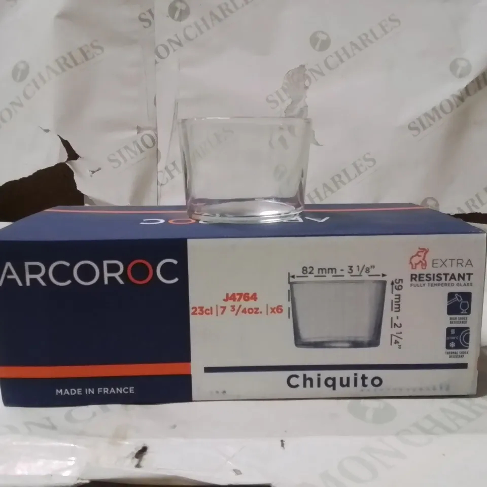 BOXED ARCOROC CHIQUITO WHISKY GLASSES APPROXIMATELY 6
