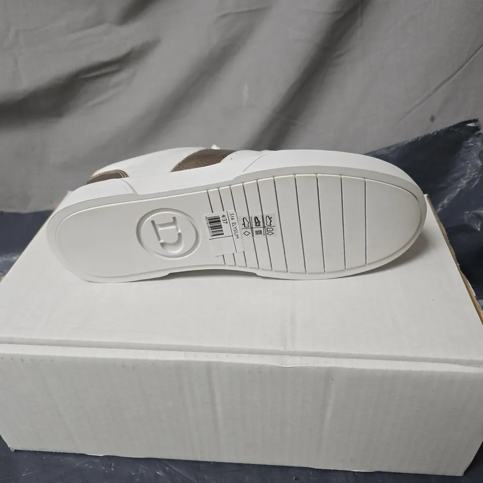 DUNE LONDON WHITE & GOLD METALLIC SNEAKERS – BOXED SIZE 4