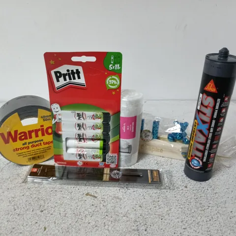 APPROXIMATELY 15 ASSORTED HOUSEHOLD ITEMS TO INCLUDE WARRIOR STRONG DUCT TAPE, PRITT STICKS, SILKA STIXALL, ETC