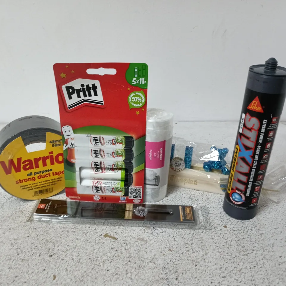 APPROXIMATELY 15 ASSORTED HOUSEHOLD ITEMS TO INCLUDE WARRIOR STRONG DUCT TAPE, PRITT STICKS, SILKA STIXALL, ETC