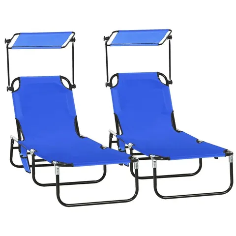 BOXED OUTSUNNY SET OF TWO FOLDING SUN LOUNGERS, WITH ADJUSTABLE BACKS AND SUN CANOPIES - BLUE (1 BOX )