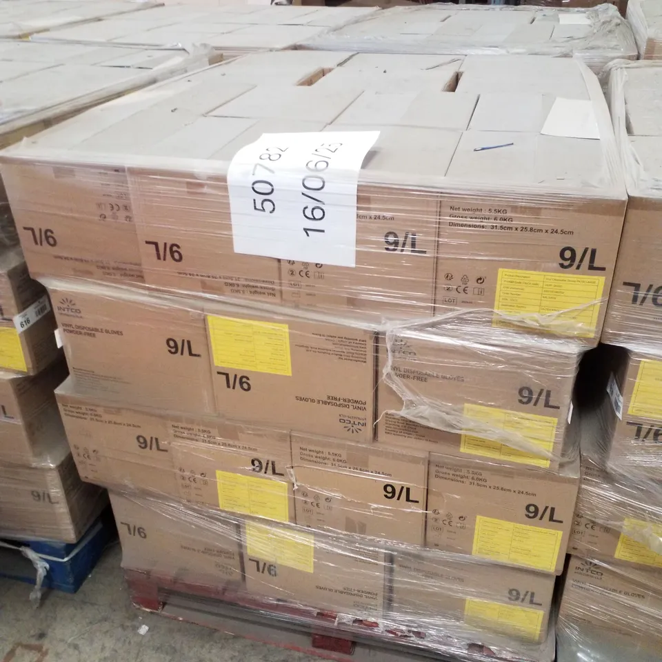 PALLET OF APPROXIMATELY 56 INTCO VINYL DISPOSABLE GLOVES 100PK BOXES - LARGE