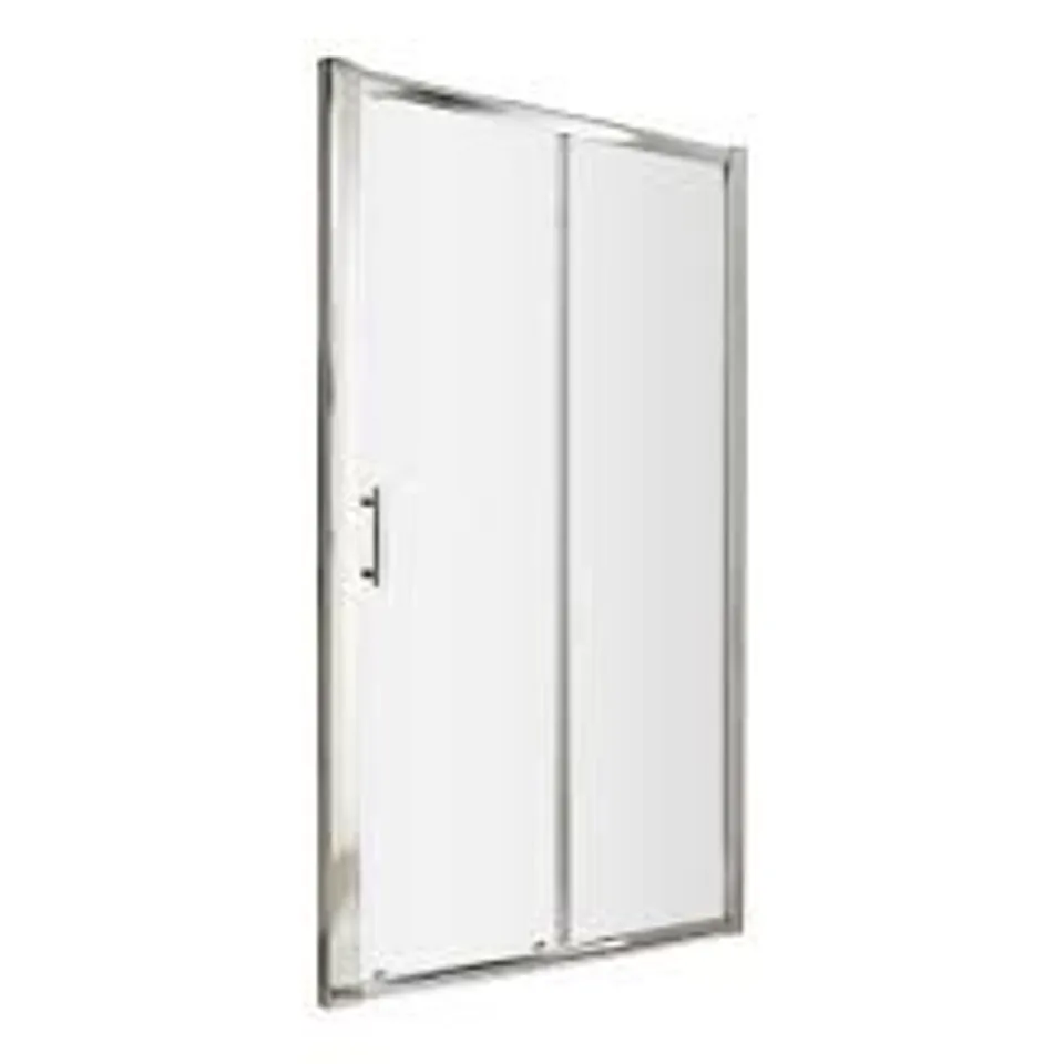 BRAND NEW BOXED NUIE PACIFIC SINGLE SLIDING SHOWER DOOR WITH POLISHED CHROME PROFILE & ROUNDED T-BAR HANDLE 1600MM W X 1850MM H X 6MM GLASS