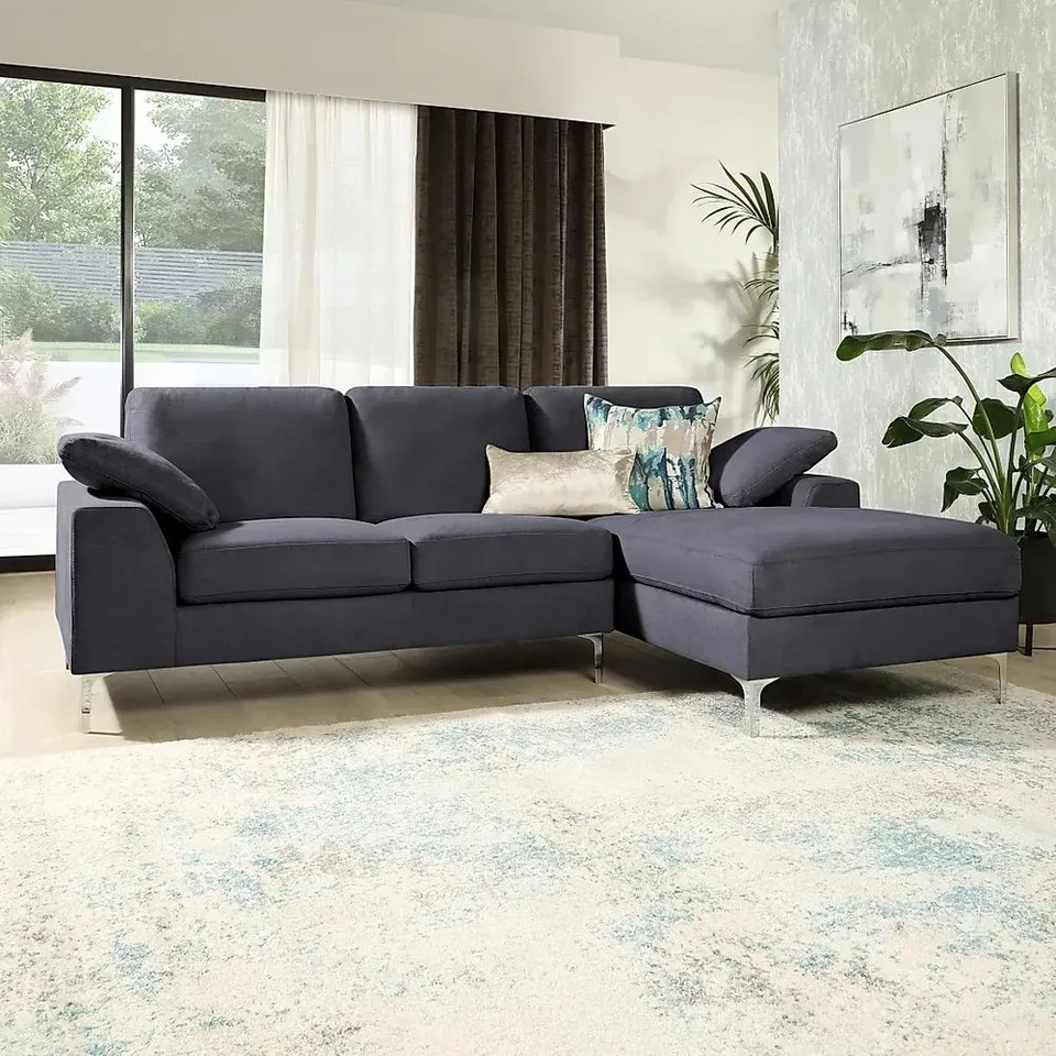 BOXED DESIGNER VALENCIA L-SHAPE CORNER SOFA RHF - SLATE GREY CLASSIC PLUSH FABRIC (BOX 2 OF 2 ONLY) 