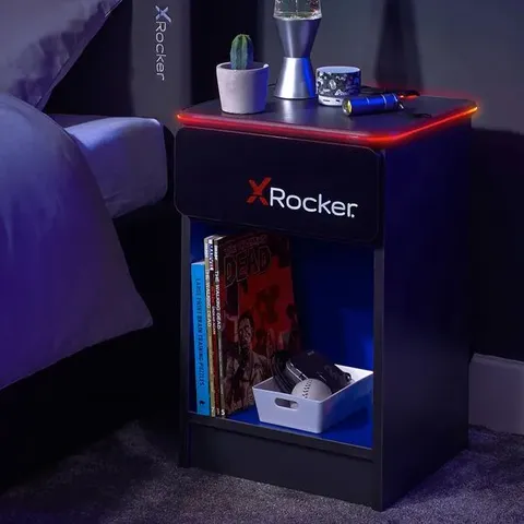 BOXED X ROCKER CARBON-TEK GAMING BEDSIDE TABLE WITH BUILT-IN WIRELESS CHARGING PAD AND MULTI-COLOR LED LIGHTING (1 BOX)